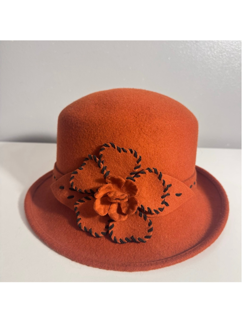 Toucan Collection Saddle Stitch Rose Profile Cloche Wool Hat- Rust Burnt Orange